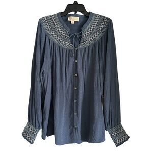 Nurture By Westbound Button Front‎ Top Women's 3X Blue Embroidered Boho Western